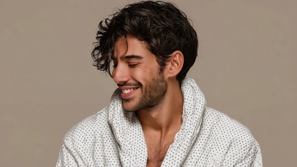 Transformation of mood: from calm to joyful with expressions of a young man in cozy attire