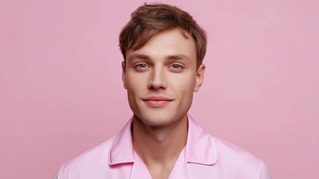 Transition of emotions: neutral to smiling expression on pink background