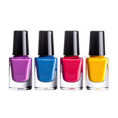 Four brightly colored nail polish bottles displayed against a stark black background.