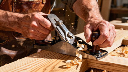 Carpenter using hand plane on wooden surface in workshop  