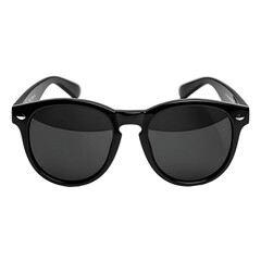 A pair of glossy black round sunglasses centered against a pure black background.