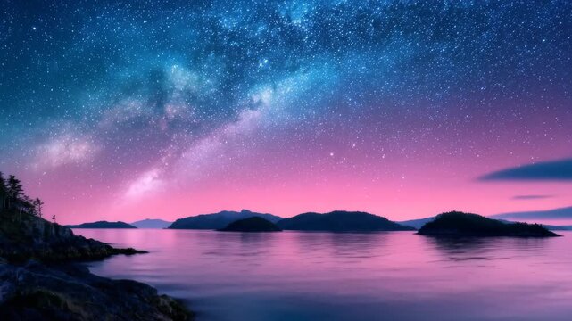 Starry night sky in blue hues above a serene ocean seascape, Starry night sky in deep blue hues stretching above a calm, serene ocean seascape