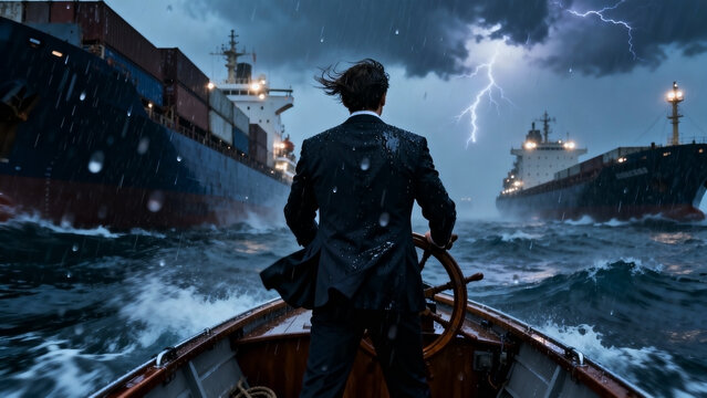 A businessman in a suit steers a small boat through a violent lightning storm as massive cargo ships loom in the dark, rough sea.