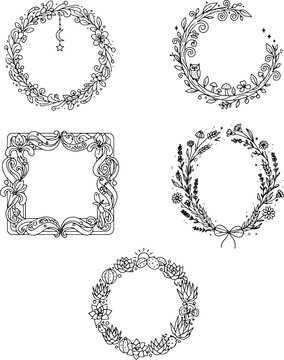 Decorative Nature Frame Set: Five Hand-Drawn Wreaths and Square Borders with Flowers, Succulents, and Botanical Elements Vector Line Art