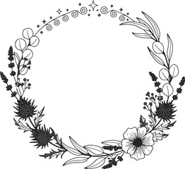 Obraz premium Elegant Thistle and Eucalyptus Wreath: Hand-Drawn Floral Circle Frame Vector for Wedding Invitations, Stationery, and Logo Design