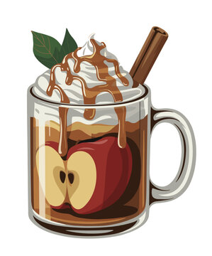 Modern vector illustration of a hot apple drink with whipped cream caramel drizzle and cinnamon stick in a clear glass mug on transparent background