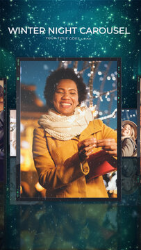 Night Winter Photo Carousel. Vertical Stories Opener for Social Media.