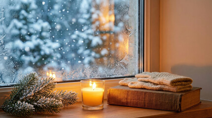 Cozy winter window scene with candle, pine branch, warm knitted gloves and an old book on the windowsill, frosted glass and snowfall outside. Perfect for banners, holiday cards and seasonal advertisin
