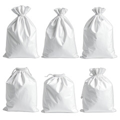 Collection of six white drawstring and tied fabric bags against a black background.