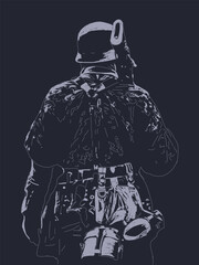 
A soldier in a World War II uniform with a carbine slung over his shoulder. Hand-drawn vector illustration in gray tones on a dark background.