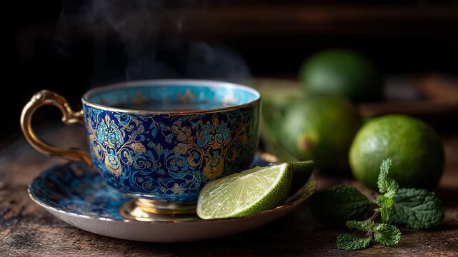 Steaming Mint and Lime Tea in Ornate Blue Cup teacup, Steaming mint and lime tea served in an ornate blue teacup, exuding freshness and elegant presentation