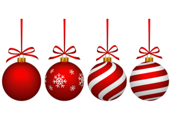 Four festive red and white Christmas ornament balls hanging with ribbons bows