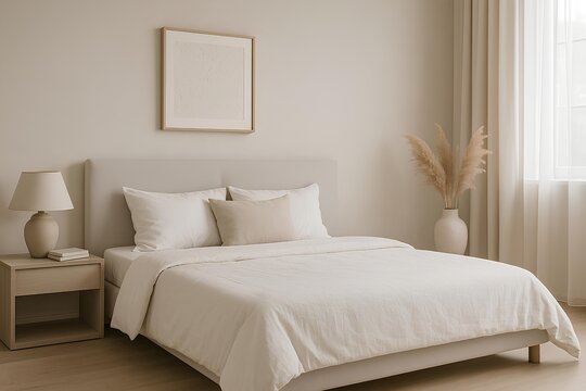 contemporary bedroom interior with soft textures neutral colors cozy bedding