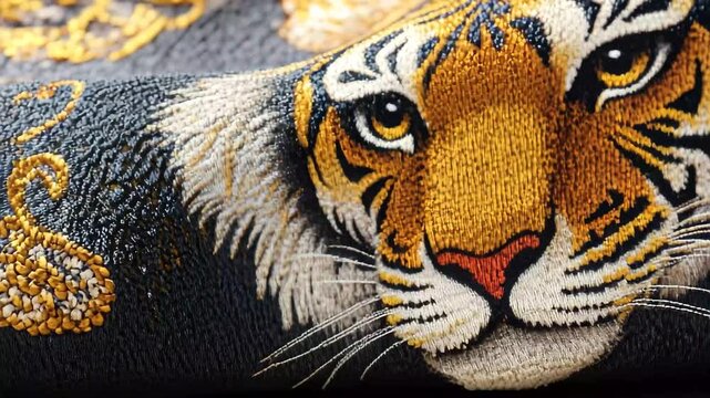 Intricate textile design featuring a tiger's face with ornate details and rich colors