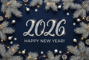 Happy New Year 2026 eve loading line design art numbers logo with sparkle fireworks white blue light vector wallpaper greeting card