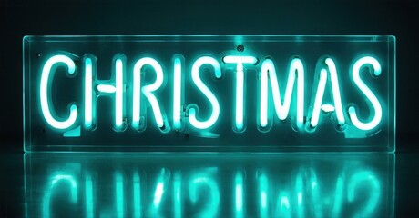 Obraz premium Bright neon sign spells Christmas. Reflection visible below text, dark background enhances glow. Festive holiday illumination.