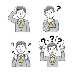 Business man expressing confusion and doubt through various puzzled poses and question marks