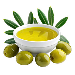A white bowl filled with golden olive oil surrounded by vibrant green olives and fresh leaves on a stark black background.
