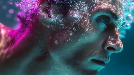 Underwater moment of a swimmer gliding through clear, turquoise water. Swimming silhouette, overpowered. Man swimming gracefully underwater. Swimming ocean, pool woman. 