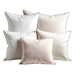 A collection of five plush, white and off-white decorative pillows isolated on a black background.