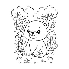 Cute bear cub in forest landscape coloring page © DzgnVibe