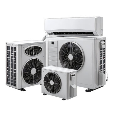 A collection of various white air conditioning units and outdoor compressors against a black background.