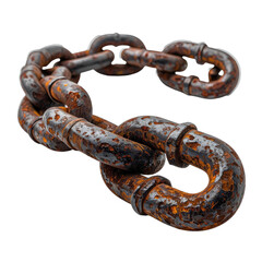 A close-up image of heavily rusted metal chain links isolated on a black background.