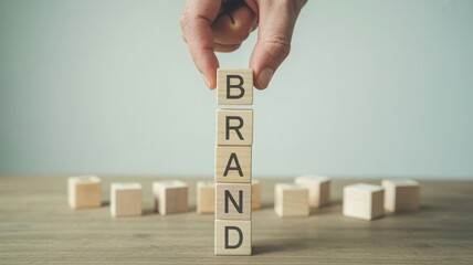 Hand stacking wooden blocks spelling out the word brand for business strategy and marketing concept