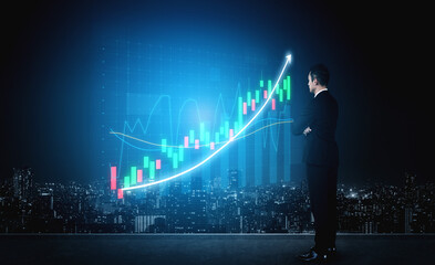 A businessman stands confidently in front of a digital graph illustrating a rising trend, overlooking a vibrant city skyline at night, symbolizing growth and opportunity. Impute