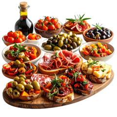A luxurious antipasto platter featuring cured meats, cheeses, olives, tomatoes, and balsamic vinegar on a dark background.