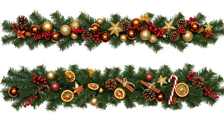 Elegant Christmas pine garland border with festive baubles berries and natural elements