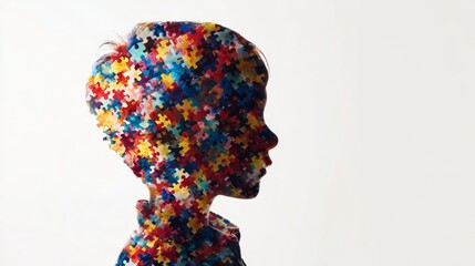 Double exposure profile silhouette of a young child's head filled with colorful jigsaw puzzle pieces. Conceptual illustration for autism awareness, child psychology, and mental health education.