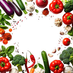 Vibrant assortment of fresh vegetables and spices arranged artistically on a black background for a healthy eating concept.
