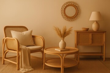 natural toned interior with rattan accents and cozy neutral living room decor