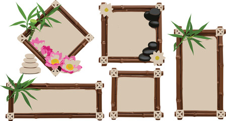 Set of Elegant Asian Frame Templates with Pink Cherry Blossoms, Green Bamboo Stalks, Stylized Oriental Clouds, and Sunset Circle, Traditional Cultural Design Vector Collection for