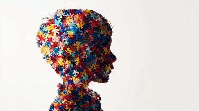 Double exposure profile silhouette of a young child's head filled with colorful jigsaw puzzle pieces. Conceptual illustration for autism awareness, child psychology, and mental health education. - Powered by Adobe
