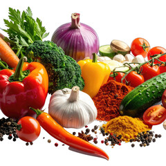 Vibrant assortment of fresh vegetables and colorful spices dramatically lit against a black background.