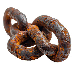 A close-up photograph of heavily rusted, interlinked metal chain segments against a black background.