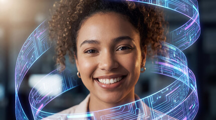 A young woman with curly hair smiles warmly. A swirling pattern of glowing, futuristic circuitry surrounds her, highlighting the connection between humanity and advanced technology.