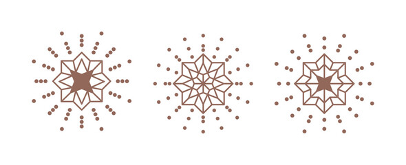 Nine-pointed star. Collection of twinkle particle stars and rays decorative symbols for design. New Year's decor. Polygonal figure. 