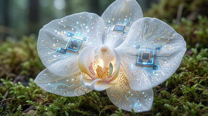 A beautiful white orchid bloom with circuit boards and glowing connections growing amidst lush green moss, merging nature and technology.