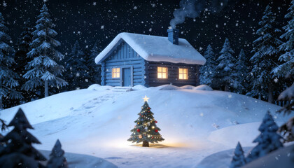 Snow-covered cartoon log cabin glowing warmly at night, surrounded by pine trees and a decorated Christmas tree shining softly in a peaceful winter landscape.