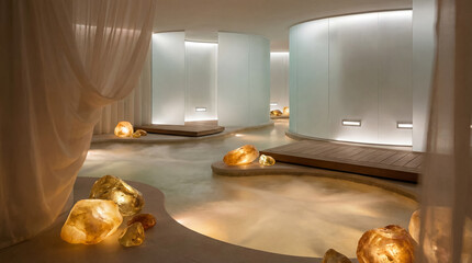 An indoor spa exhibits frosted glass walls, wooden platforms, flowing sheer curtains, and luminous rocks that illuminate the space with soft, golden hues, creating a haven for relaxation.