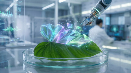 In a bright laboratory, a mechanical arm hovers over a green leaf in a Petri dish. Prismatic geometric shapes float above the leaf. A scientist is working in the background.