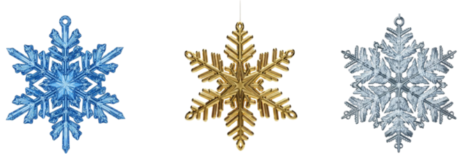Three golden snowflake variations isolated on transparent background