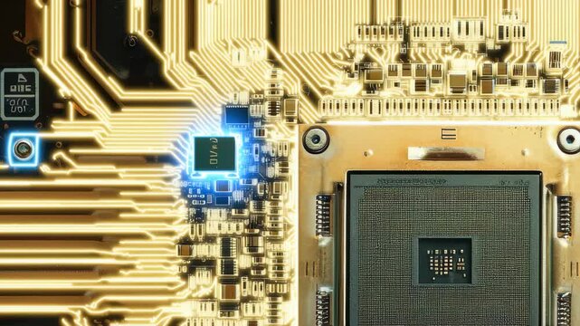 Detailed view of a computer circuit board featuring a microchip and integrated components in a high-tech setting