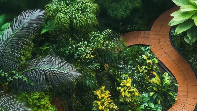 Winding pathway through lush tropical vegetation in a serene garden setting during daylight