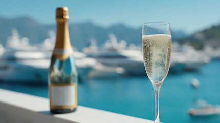 Champagne toast with bottle overlooking scenic yacht harbor in daylight
