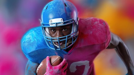 African male young football player in colorful action scene with helmet and ball