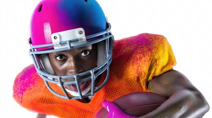 African male young football player in vibrant uniform running with football
